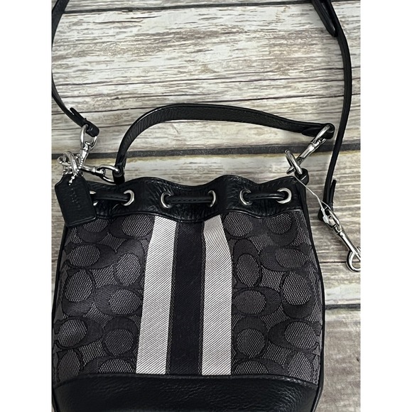 Coach Mini Dempsey Patch Bucket Bag Purse Signature Jacquard Khaki/Saddle C8322 - Picture 5 of 8